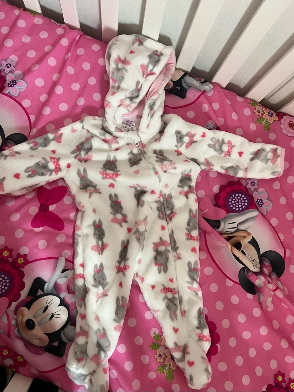 Baby Girls Hooded Bunny Fleece One-Piece - Pink & White